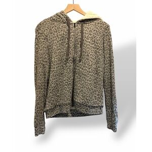 Bobeau Sherpa Lined Zip Hoodie Cozy Athleisure Lounge Leopard Gray Med Comfort